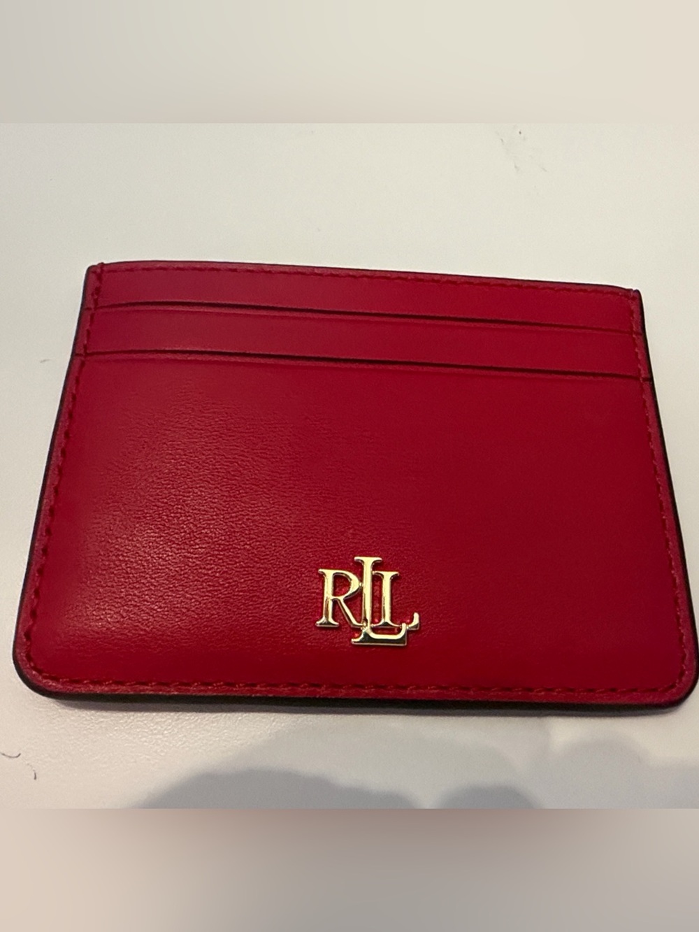 Ralph Lauren Red Leather Card Holder with Gold RL Emblem
